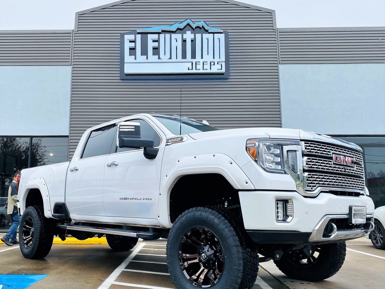 A lifted custom truck build at the Elevation Jeeps shop