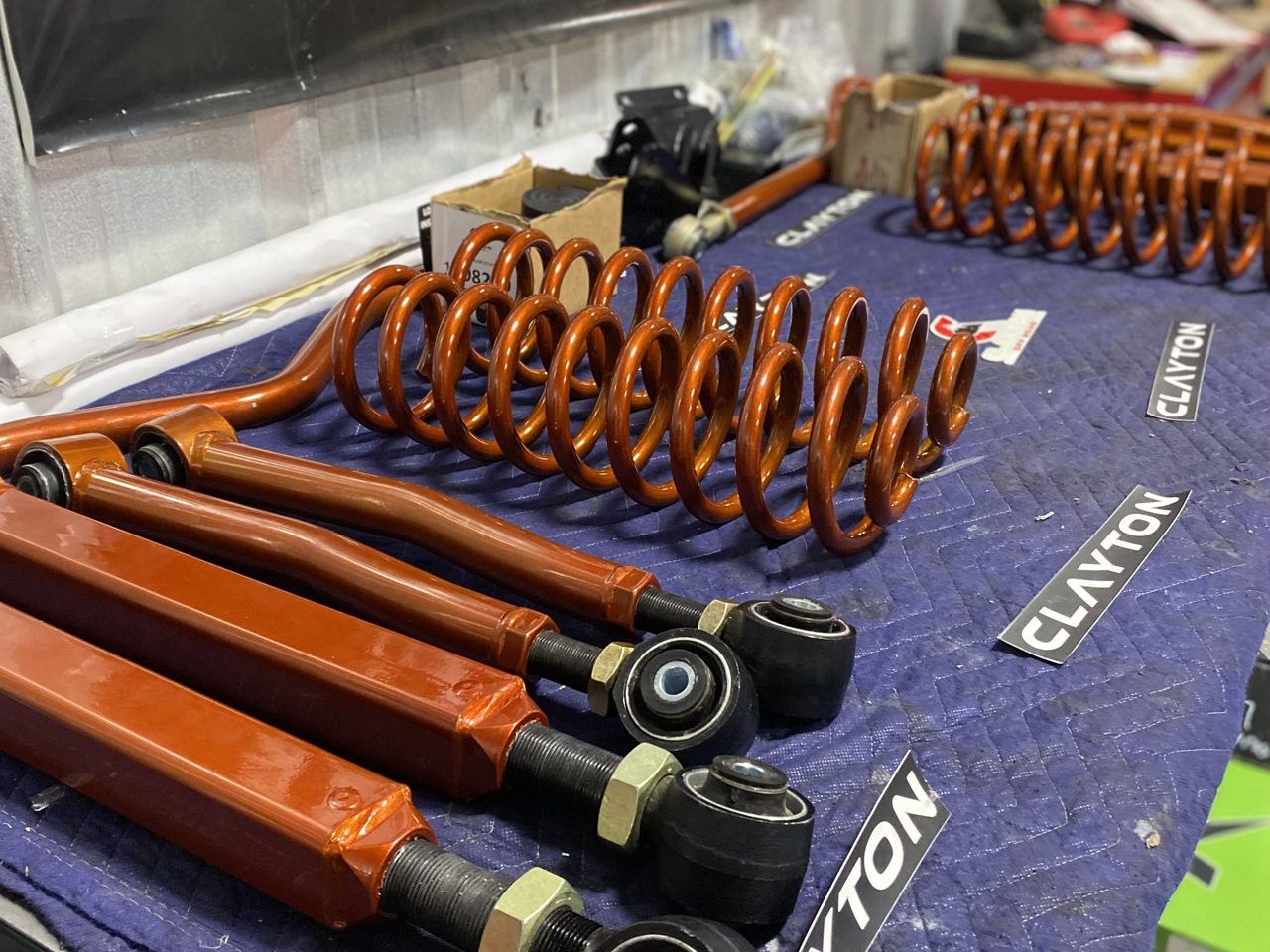 Suspension components laid out for a build